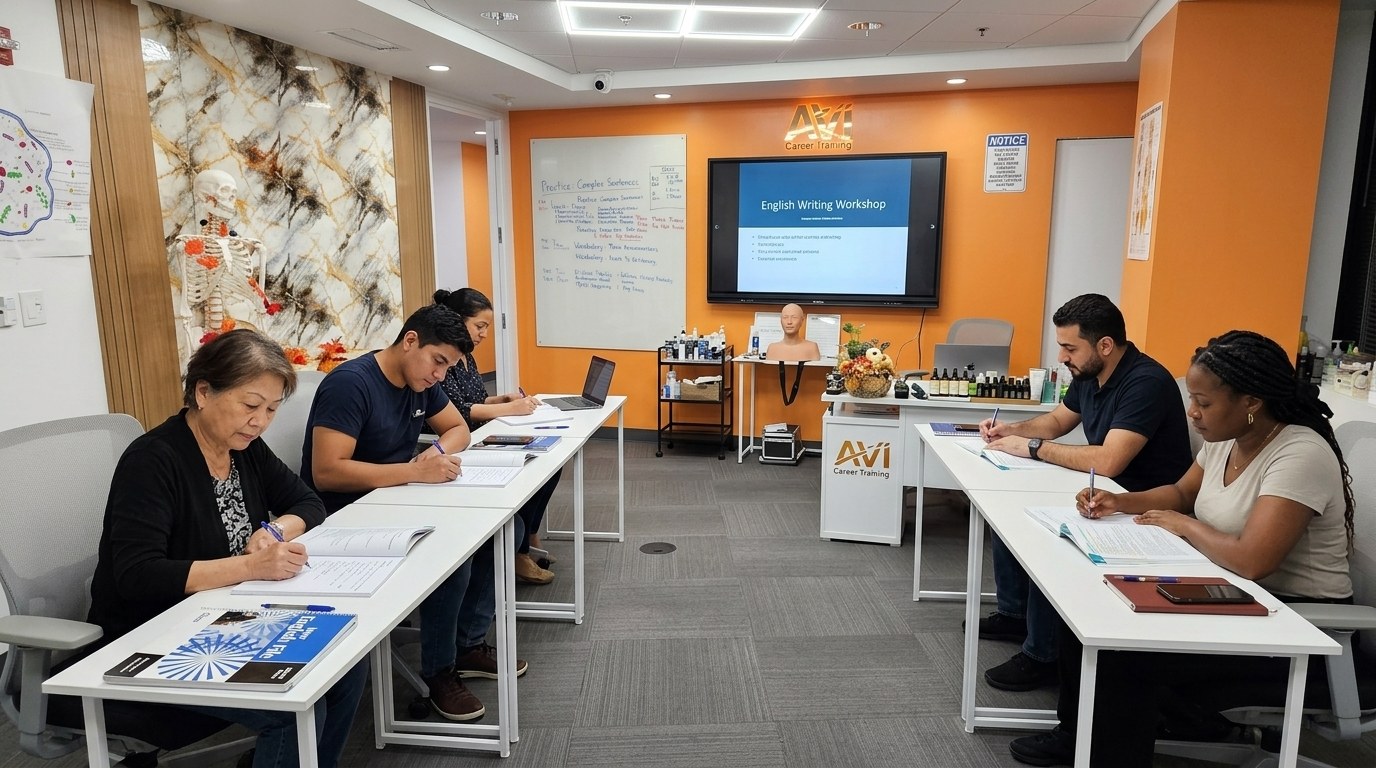ESL students writing in AVI Career Training classroom with AVI logo visible